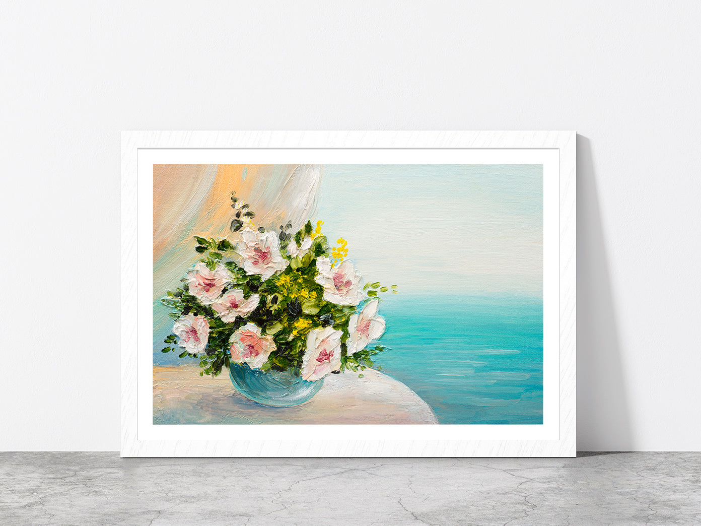 Bouquet Of Flowers On The Table Glass Framed Wall Art, Ready to Hang Quality Print With White Border White