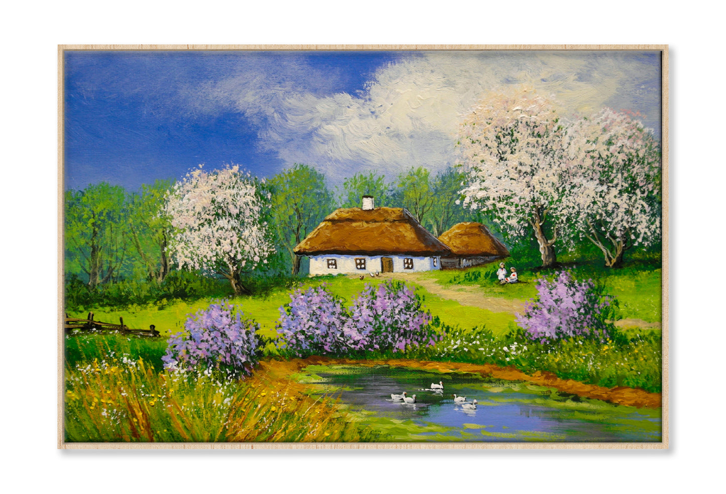 Pond near Houses & Garden Cloudy Sky Oil Painting Wall Art Limited Edition High Quality Print Canvas Box Framed Natural