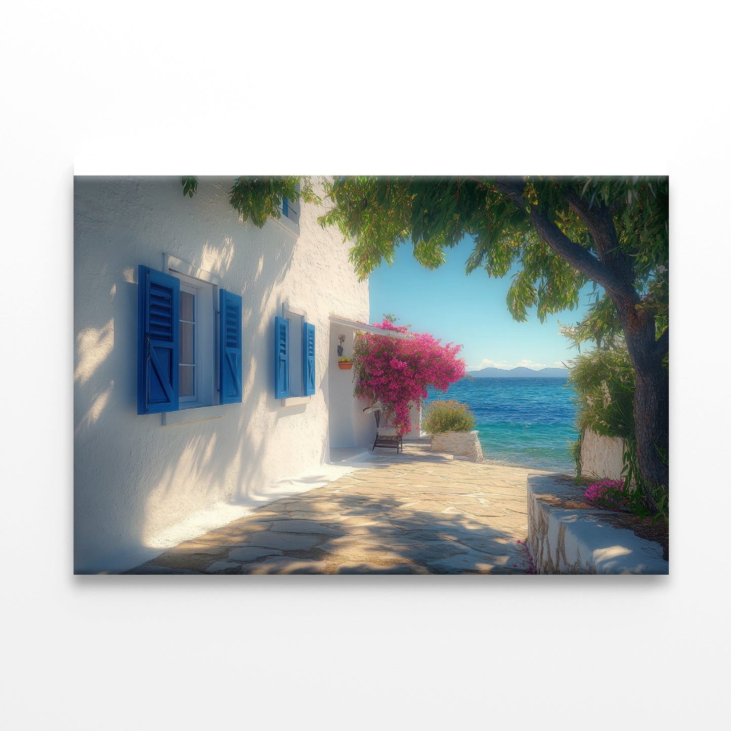 White Building with Blue Shutters, Trees Print 100% Australian Made - Bella Home Decor