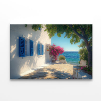 White Building with Blue Shutters, Trees Print 100% Australian Made - Bella Home Decor