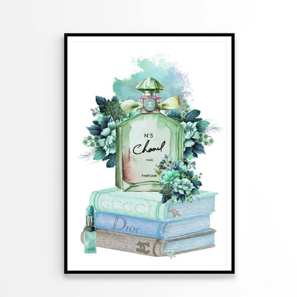 Green Blue Perfume Bottle with Flowers Design Home Decor Premium Quality Poster Print Choose Your Sizes