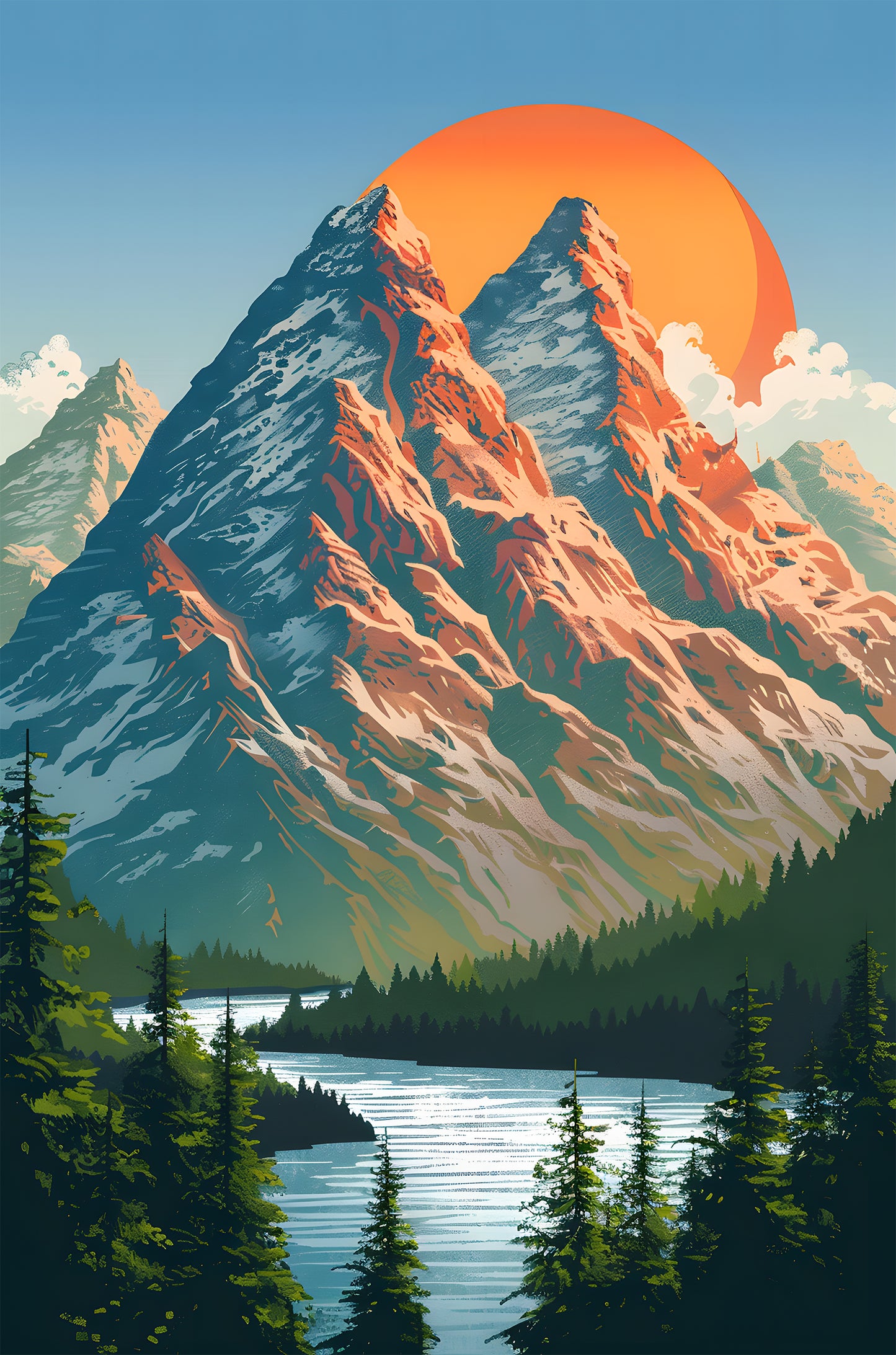 Alps Mountain Sun River Pine Trees 60x90cm Metal Print Ready to Hang