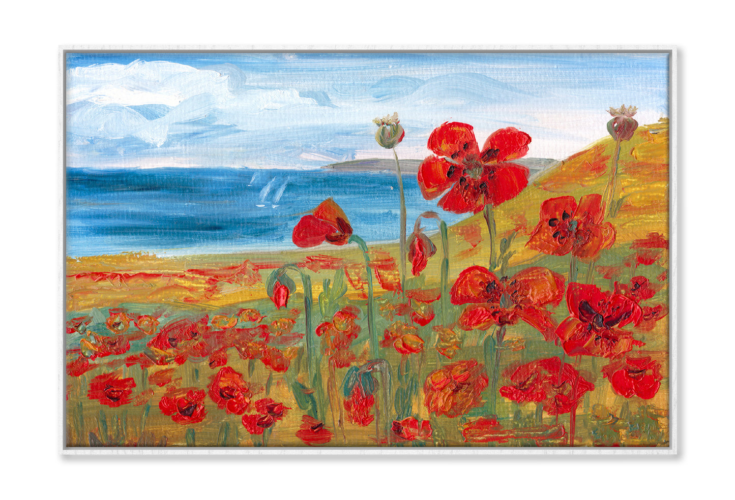 Red Poppies Field near Sea Watercolor Painting Wall Art Limited Edition High Quality Print Canvas Box Framed White