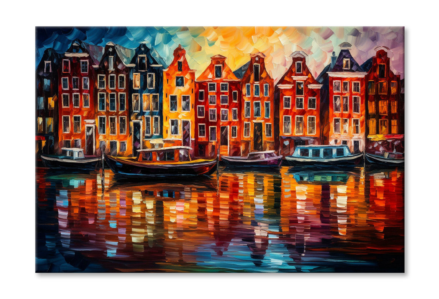 Amsterdam Boats Canals & Houses Oil Painting Wall Art Limited Edition High Quality Print Stretched Canvas None