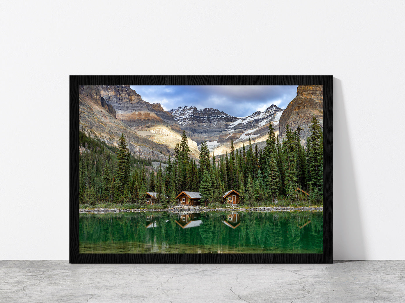 Lake With Mountain Peaks & Cabins Glass Framed Wall Art, Ready to Hang Quality Print Without White Border Black