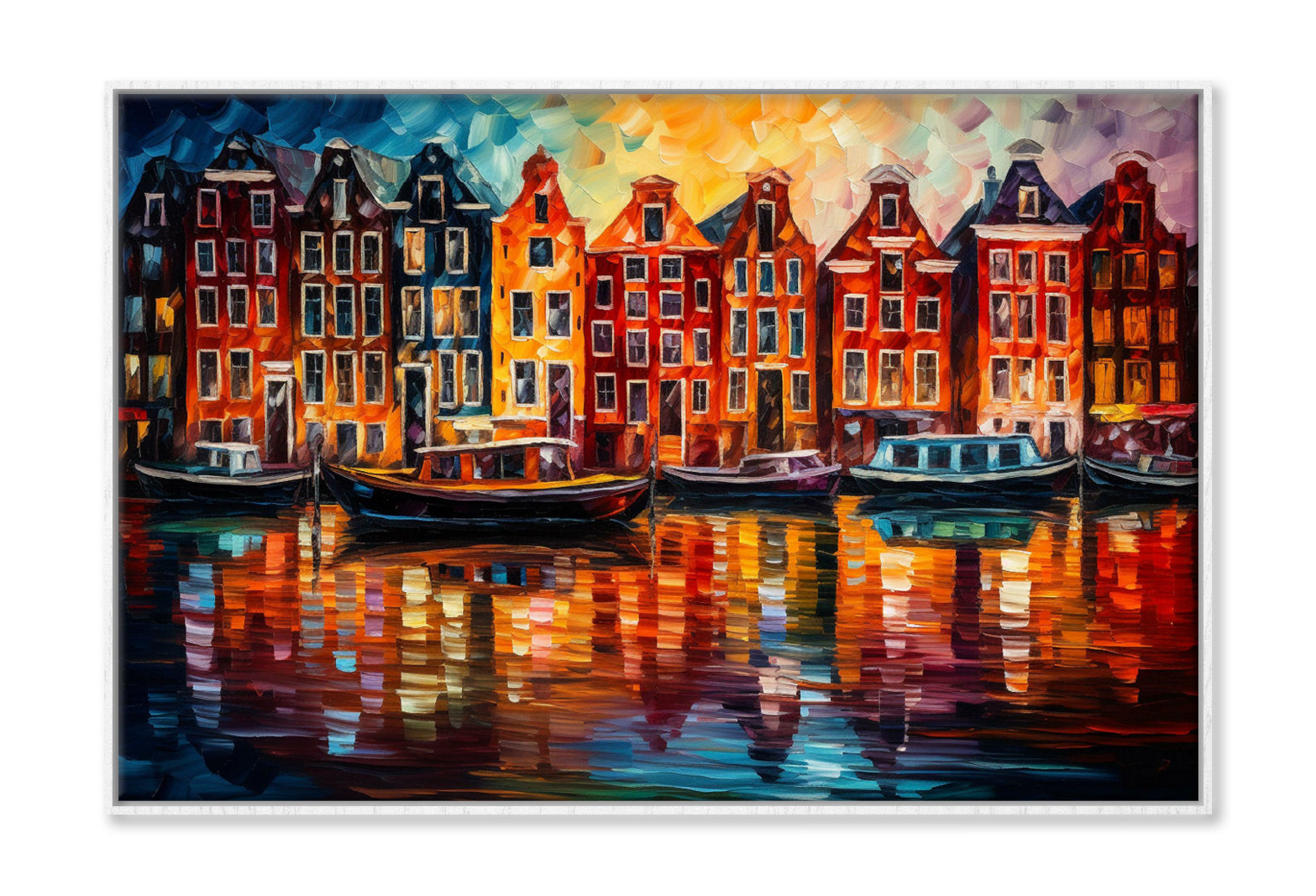 Amsterdam Boats Canals & Houses Oil Painting Wall Art Limited Edition High Quality Print Canvas Box Framed White