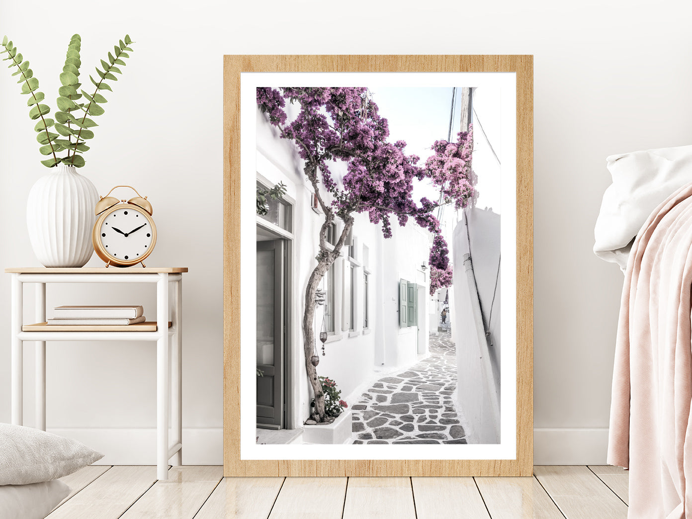 Flower Tree near House Faded Photograph Glass Framed Wall Art, Ready to Hang Quality Print With White Border Oak