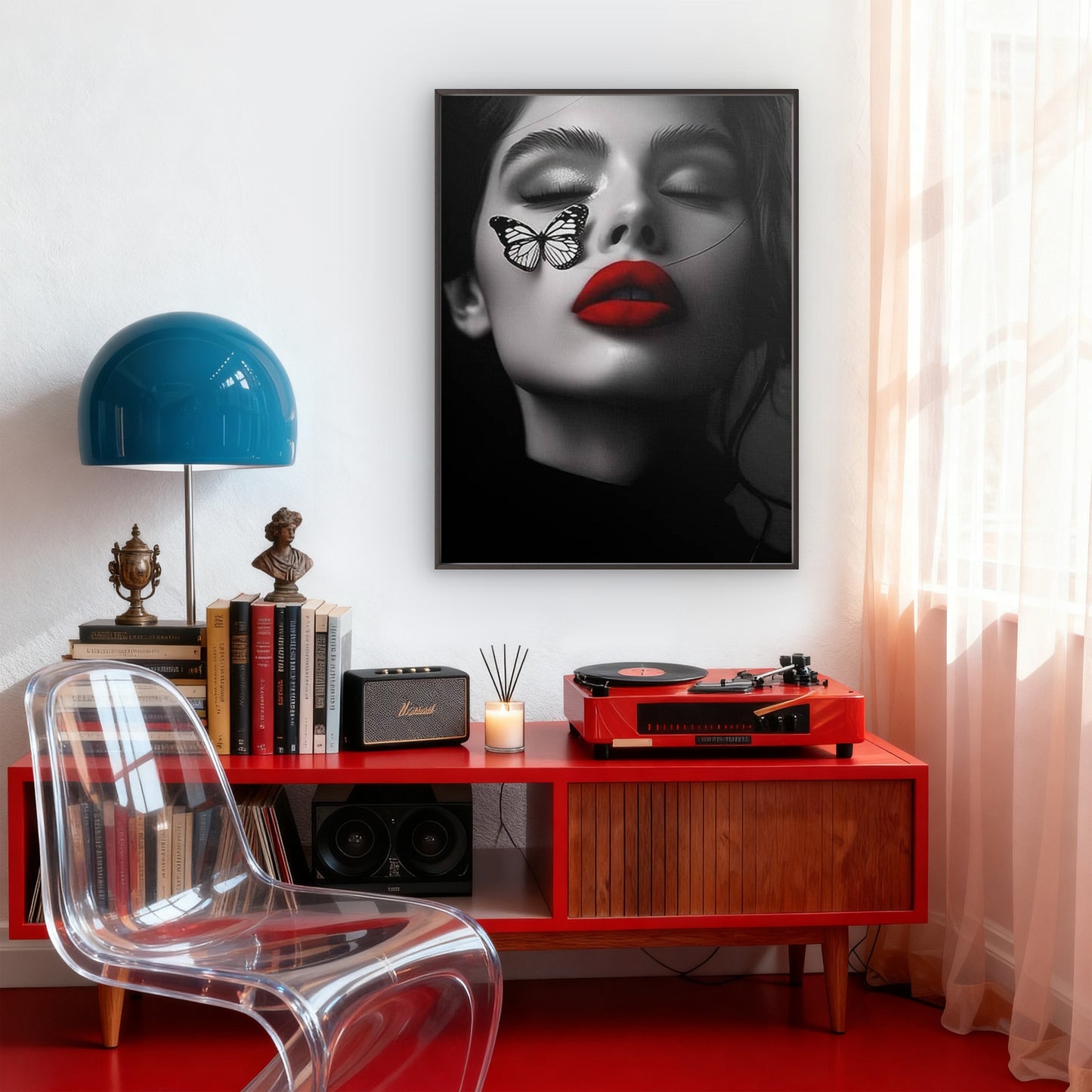 Black and White Woman Face Red Lips Butterfly Fashion Home Decor Premium Quality Poster Print Choose Your Sizes - Bella Home Decor
