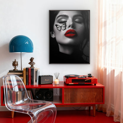 Black and White Woman Face Red Lips Butterfly Fashion Home Decor Premium Quality Poster Print Choose Your Sizes - Bella Home Decor