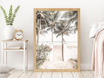 Palm Trees near Gambia Beach Photograph Glass Framed Wall Art, Ready to Hang Quality Print Without White Border Oak