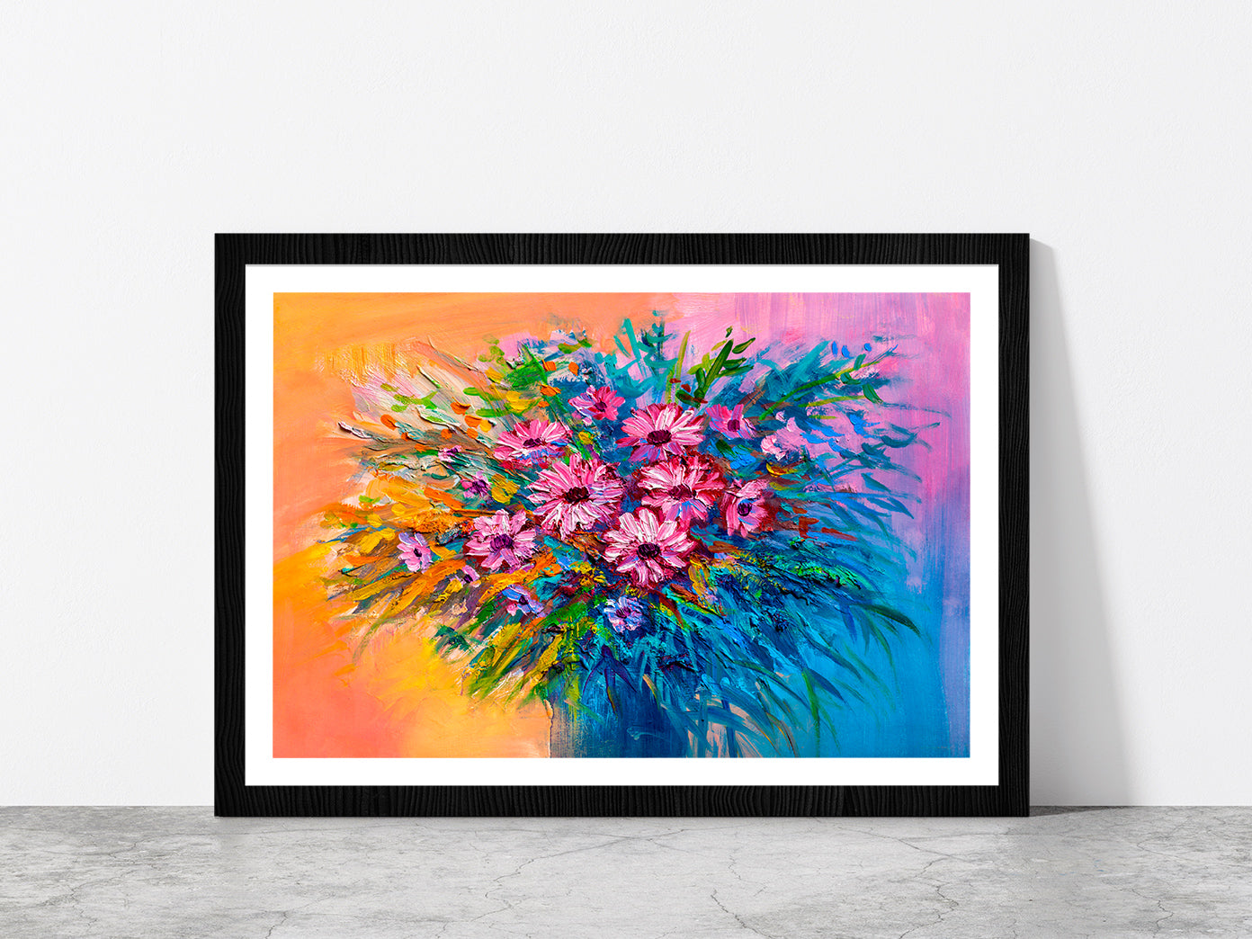 Colorful Bouquet Of Flowers Glass Framed Wall Art, Ready to Hang Quality Print With White Border Black