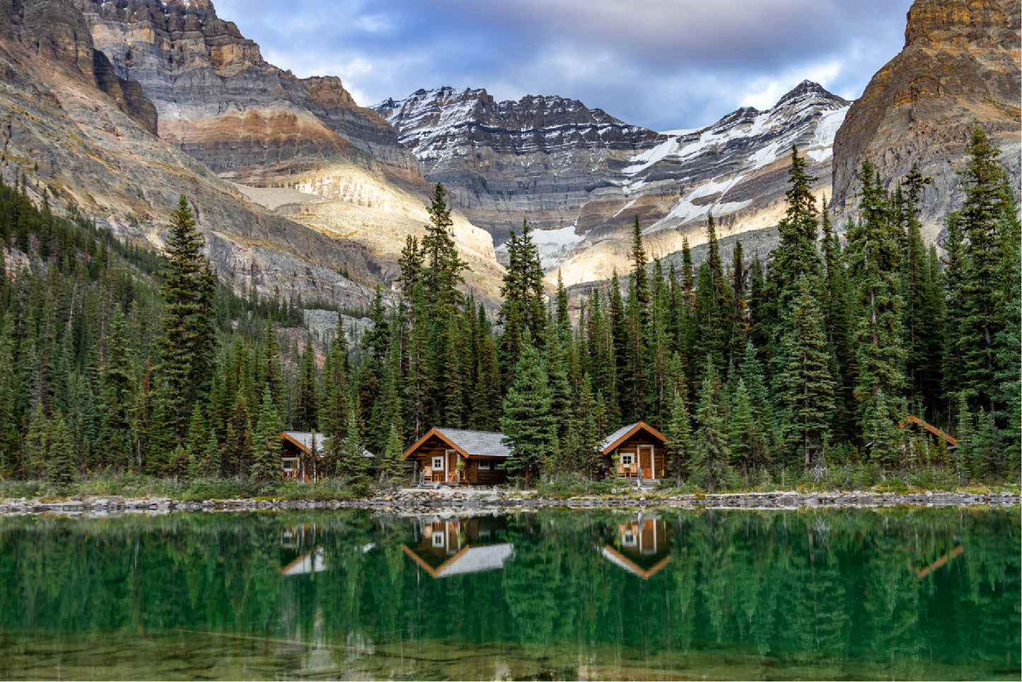 Lake With Mountain Peaks & Cabins Glass Framed Wall Art, Ready to Hang Quality Print