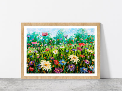 Wildflowers On Meadow Oil Painting Glass Framed Wall Art, Ready to Hang Quality Print With White Border Oak