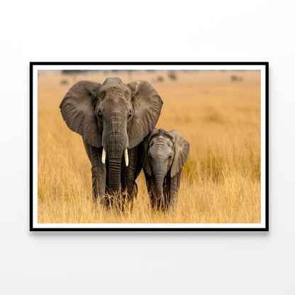 An Elephant and Its Calf Standing In a Grassland Home Decor Premium Quality Poster Print Choose Your Sizes