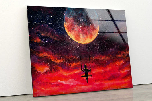 Girl on Swings Red Sky UV Direct Aluminum Print Australian Made Quality
