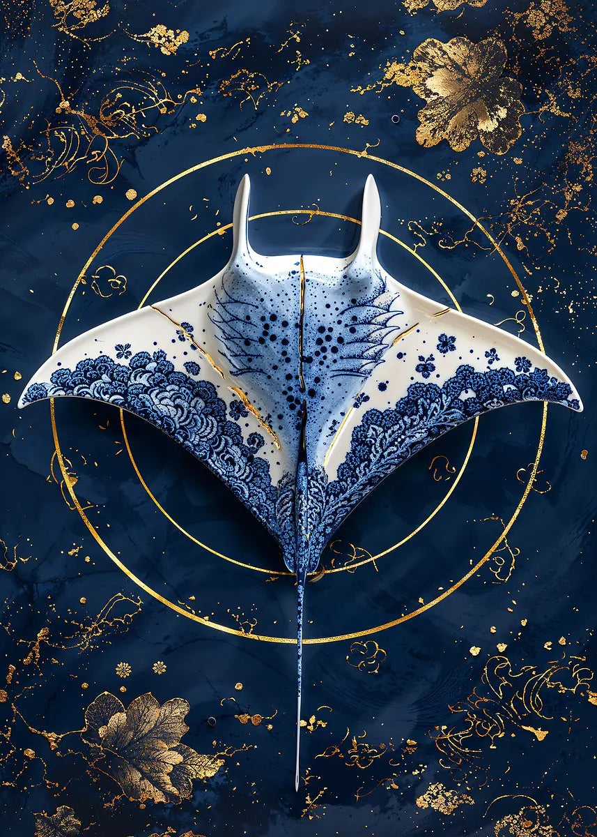 Kintsugi Blue Manta Ray 60x90cm Metal Print Ready to Hang - Bella Home Decor