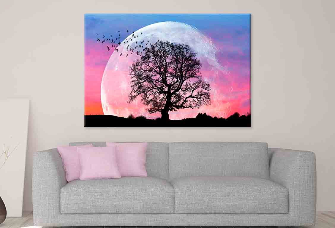 Lone Tree Birds Full Moon Sunset  Wall Art Decor 100% Australian Made - Bella Home Decor