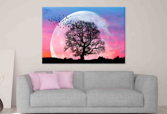Lone Tree Birds Full Moon Sunset  Wall Art Decor 100% Australian Made - Bella Home Decor
