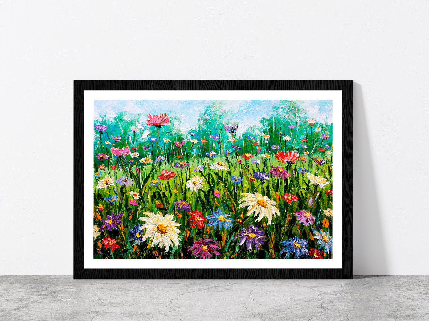 Wildflowers On Meadow Oil Painting Glass Framed Wall Art, Ready to Hang Quality Print With White Border Black