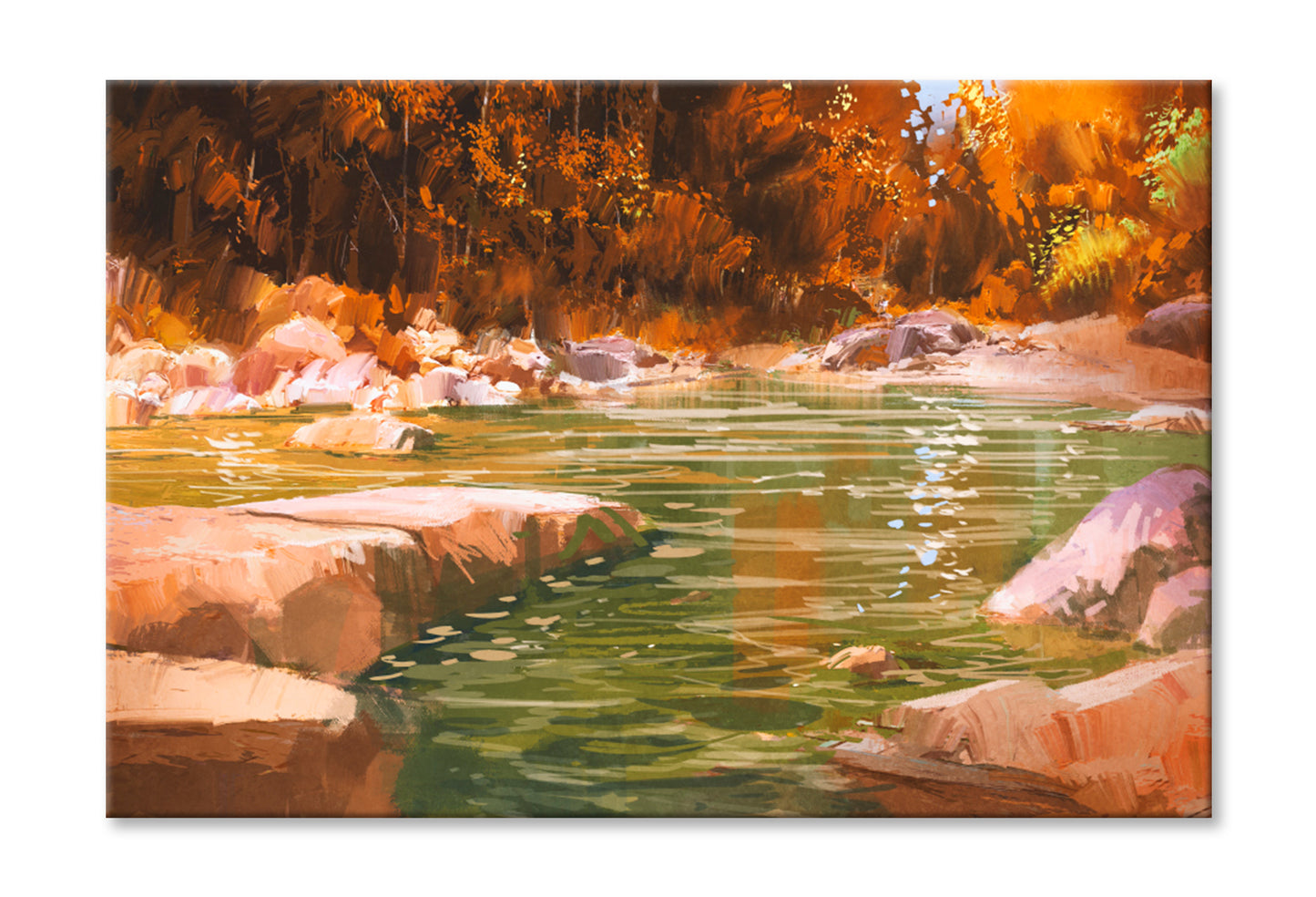 Creek In Autumn Forest Oil Painting Wall Art Limited Edition High Quality Print Stretched Canvas None