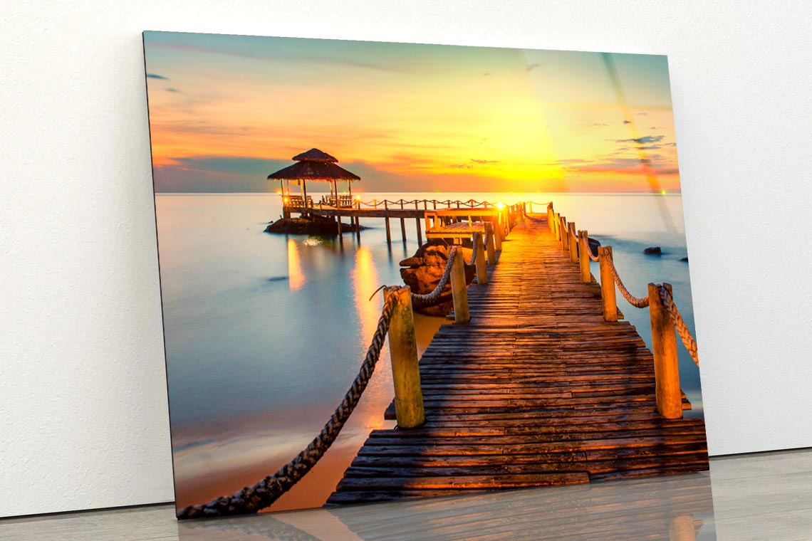 Wooden Pier Between Sunset in Phuket, Thailand Acrylic Glass Print Tempered Glass Wall Art 100% Made in Australia Ready to Hang