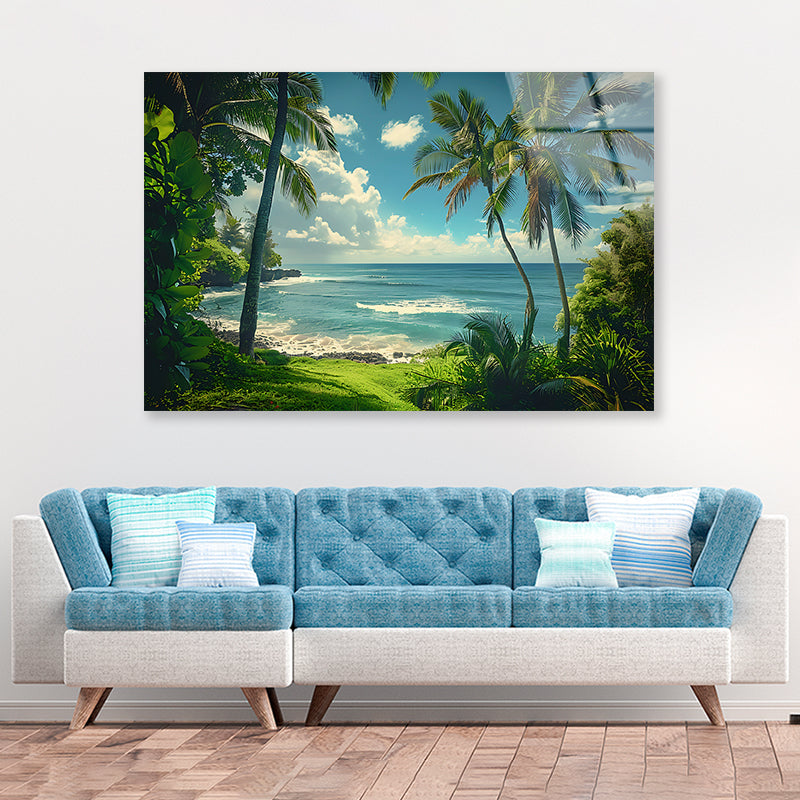 Tropical Beach with Palm Trees under Sky Acrylic Glass Print Tempered Glass Wall Art 100% Made in Australia Ready to Hang - Bella Home Decor