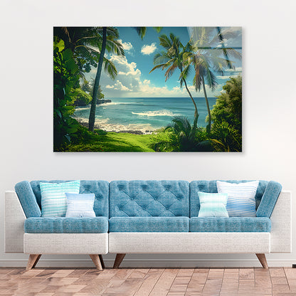 Tropical Beach with Palm Trees under Sky Acrylic Glass Print Tempered Glass Wall Art 100% Made in Australia Ready to Hang - Bella Home Decor