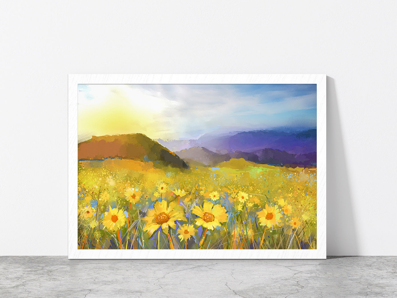 Daisy Flower Blossom, Warm Light Of The Sunset & Hill Glass Framed Wall Art, Ready to Hang Quality Print Without White Border White