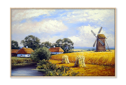 Mill Wheat Field & Village Houses Oil Painting Wall Art Limited Edition High Quality Print Canvas Box Framed Natural