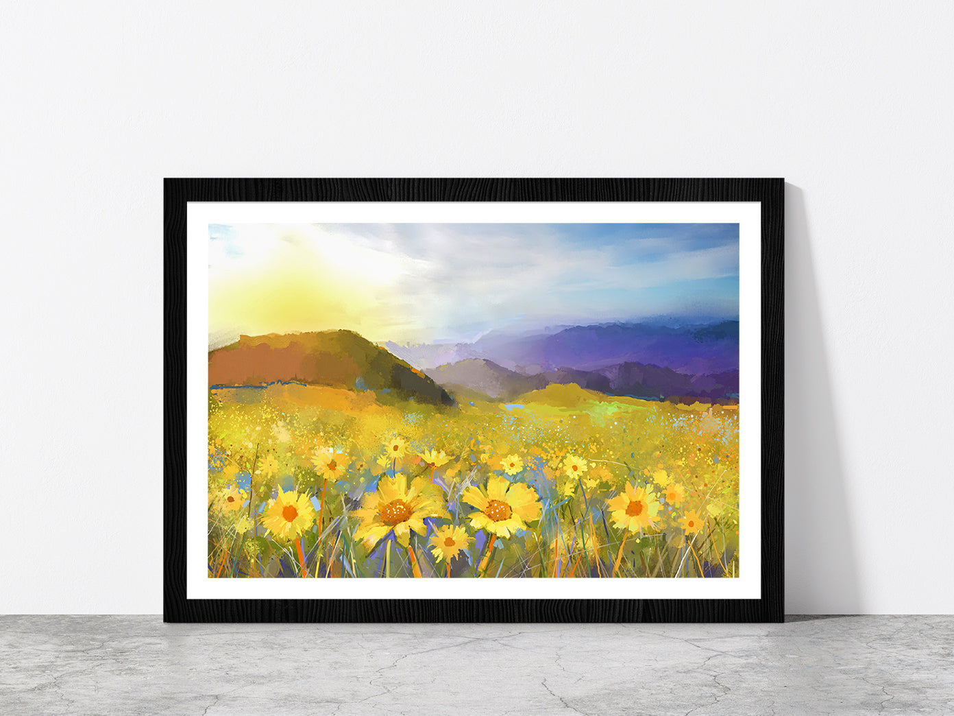 Daisy Flower Blossom, Warm Light Of The Sunset & Hill Glass Framed Wall Art, Ready to Hang Quality Print With White Border Black