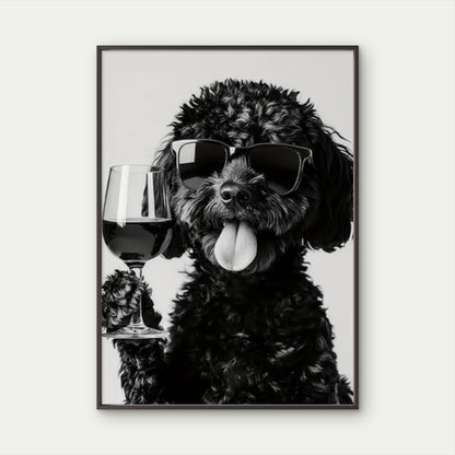 Black White Dog with Trendy Glasses and Wine Glass Fashion Home Decor Premium Quality Poster Print Choose Your Sizes