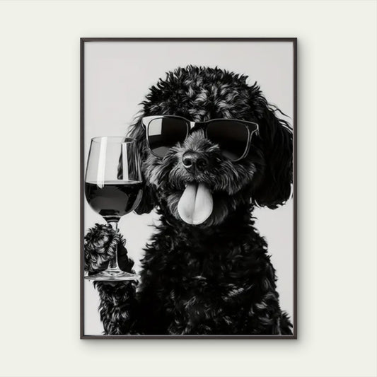 Black White Dog with Trendy Glasses and Wine Glass Fashion Home Decor Premium Quality Poster Print Choose Your Sizes
