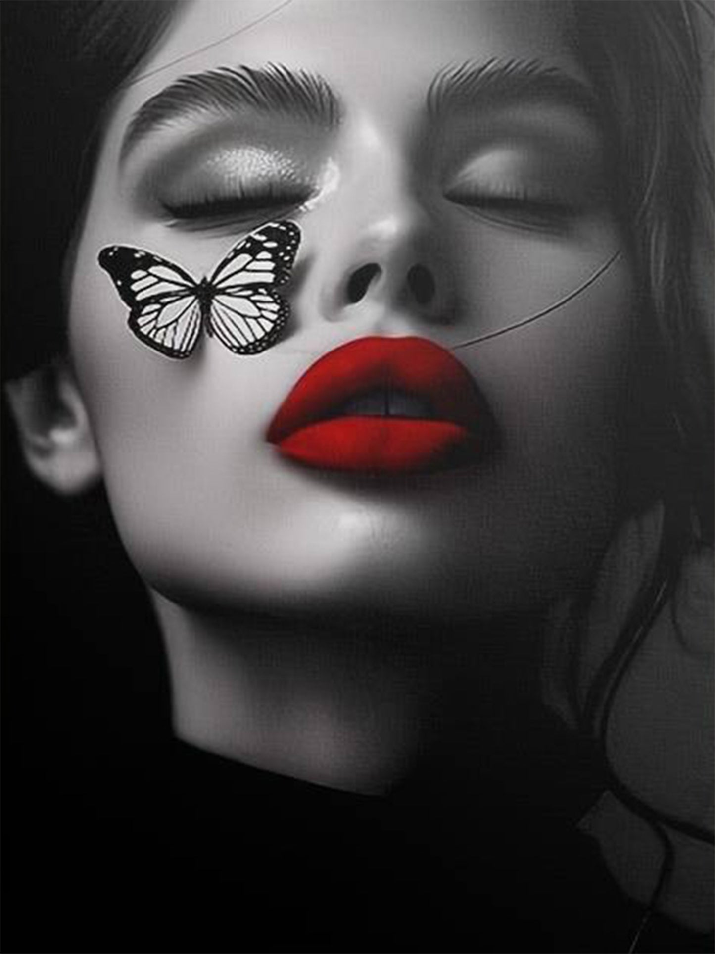 Black and White Woman Face Red Lips Butterfly Fashion Home Decor Premium Quality Poster Print Choose Your Sizes - Bella Home Decor
