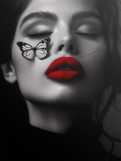 Black and White Woman Face Red Lips Butterfly Fashion Home Decor Premium Quality Poster Print Choose Your Sizes - Bella Home Decor