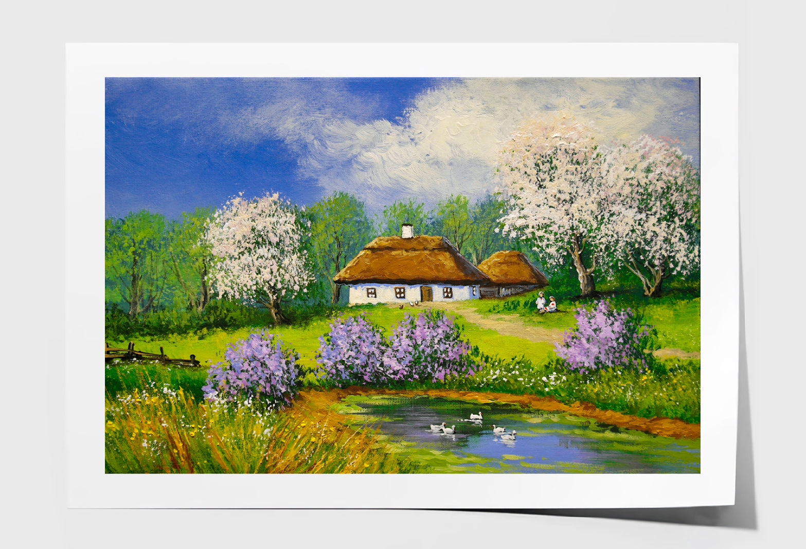 Pond near Houses & Garden Cloudy Sky Oil Painting Wall Art Limited Edition High Quality Print Unframed Roll Canvas None