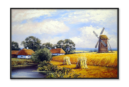 Mill Wheat Field & Village Houses Oil Painting Wall Art Limited Edition High Quality Print Canvas Box Framed Black