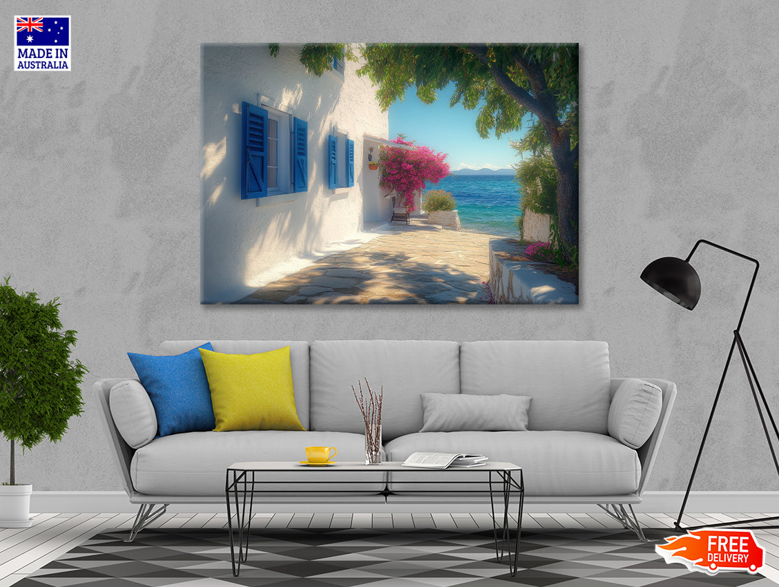 White Building with Blue Shutters, Trees Print 100% Australian Made - Bella Home Decor