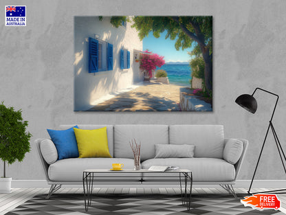 White Building with Blue Shutters, Trees Print 100% Australian Made - Bella Home Decor