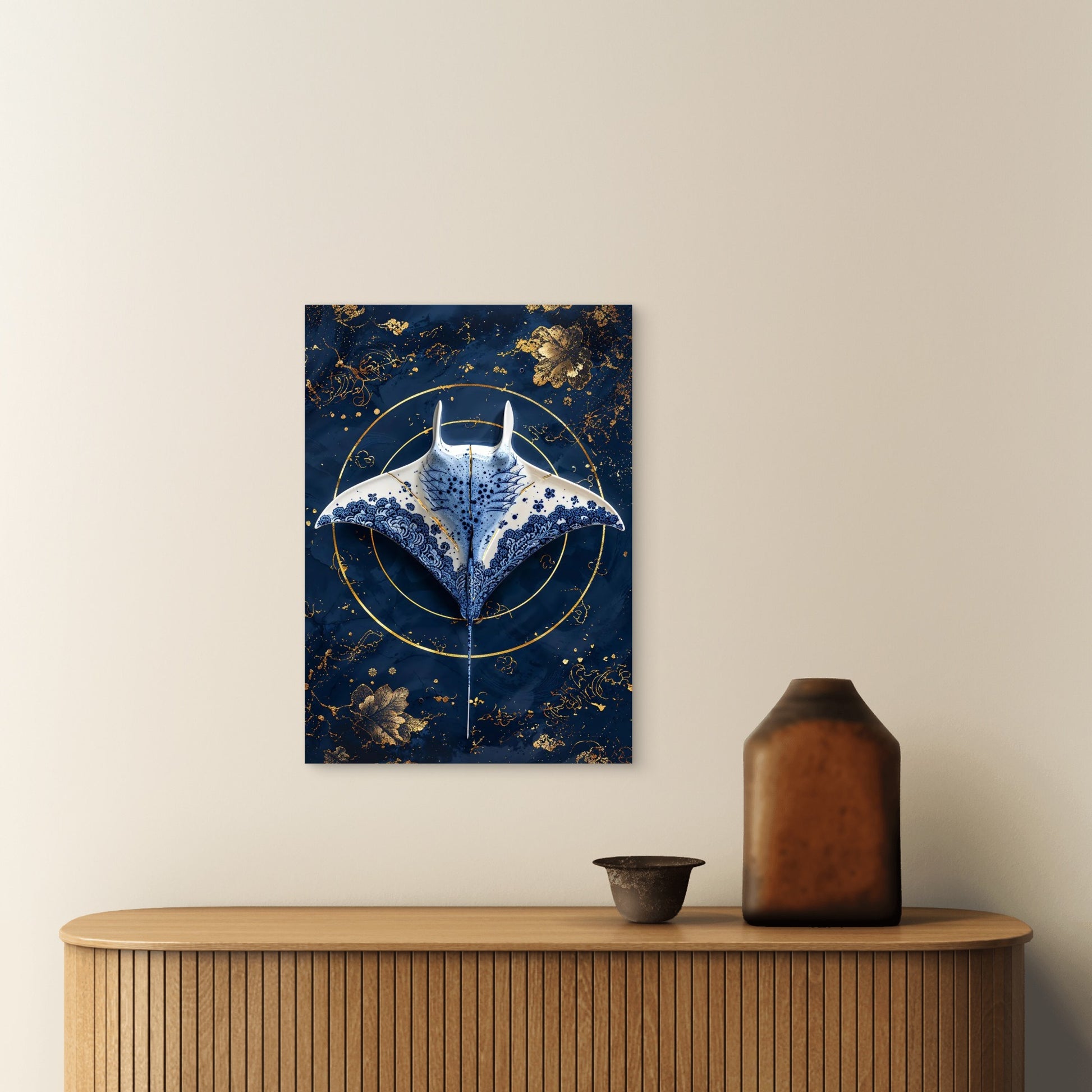Kintsugi Blue Manta Ray Metal Print Ready to Hang - Bella Home Decor