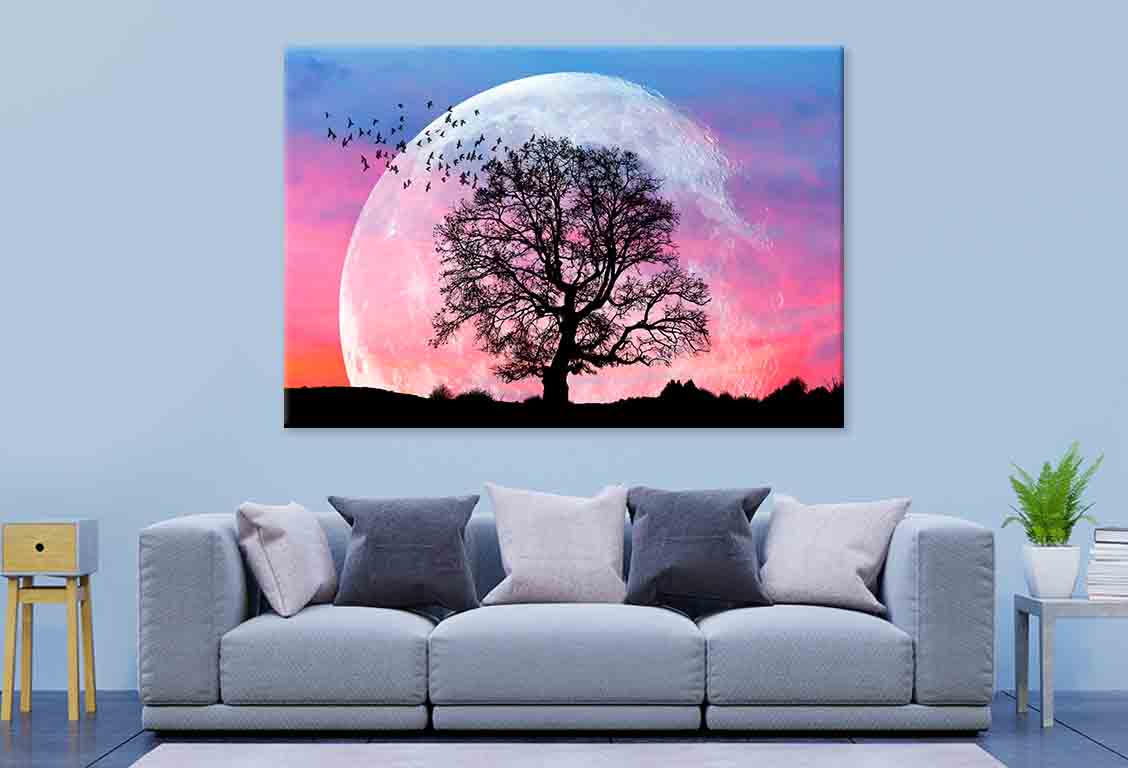 Lone Tree Birds Full Moon Sunset  Wall Art Decor 100% Australian Made - Bella Home Decor