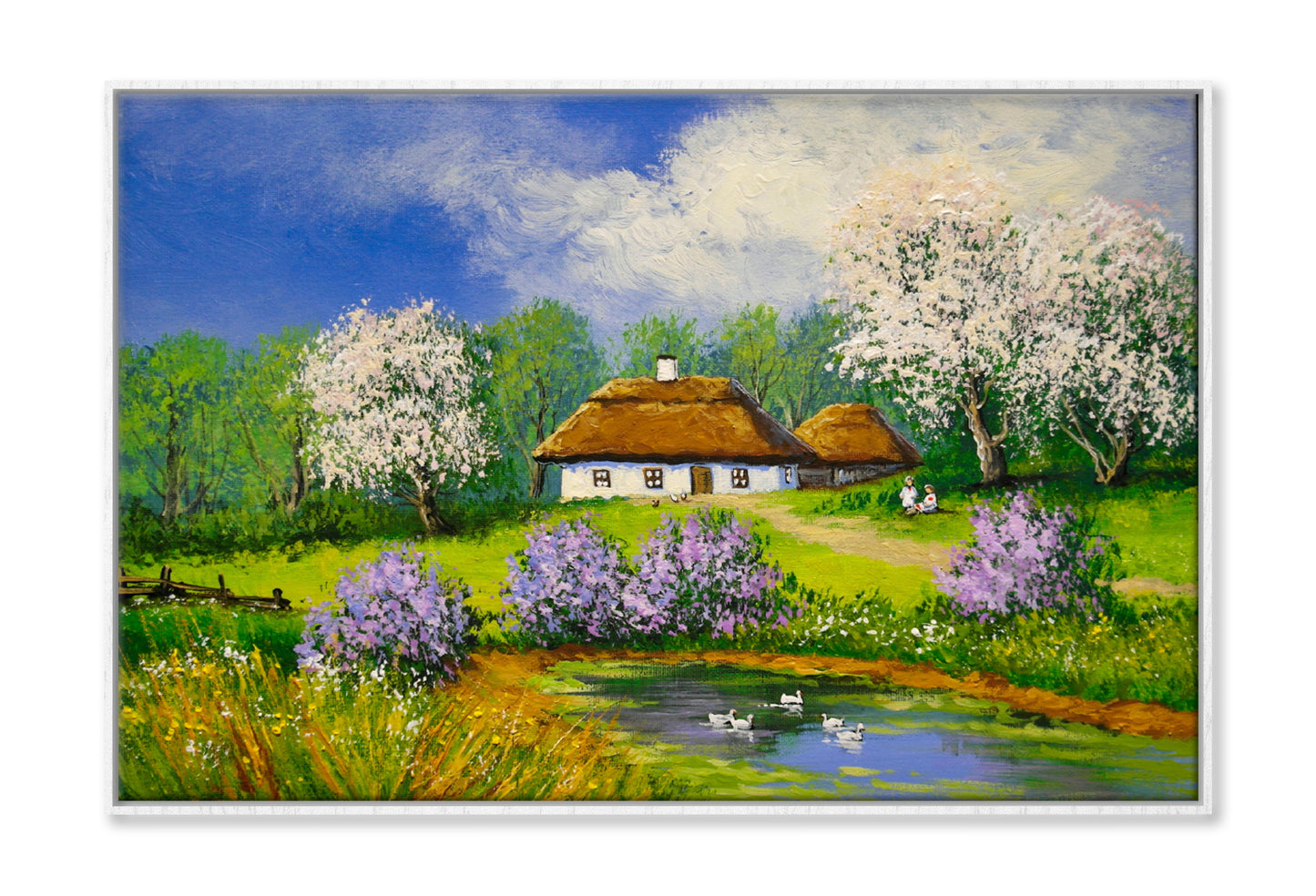 Pond near Houses & Garden Cloudy Sky Oil Painting Wall Art Limited Edition High Quality Print Canvas Box Framed White