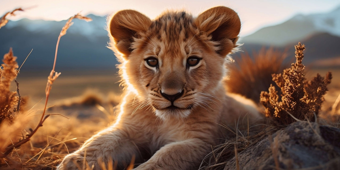 Cute Lion Cub Safari Wildlife Savannah Animal Wall Art Canvas Office Home Room Framed 120x60cm