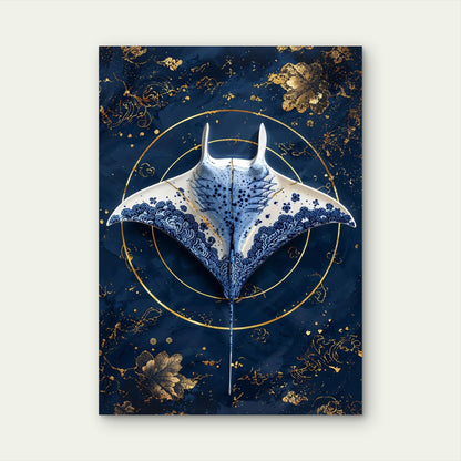 Kintsugi Blue Manta Ray Metal Print Ready to Hang - Bella Home Decor