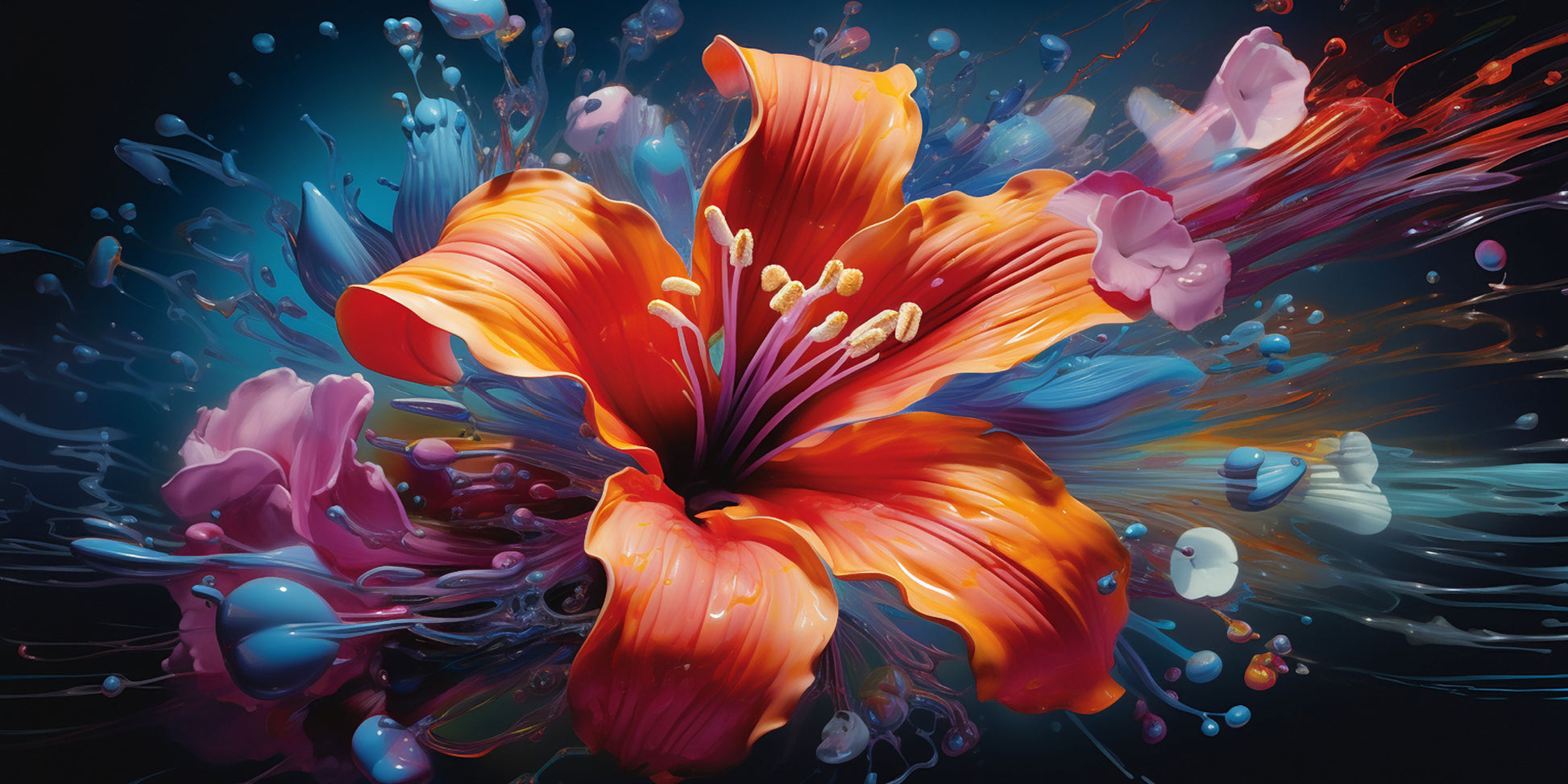 Orange Lily Splatter Wall Art Canvas Office Home Room Framed 120x60cm - Bella Home Decor