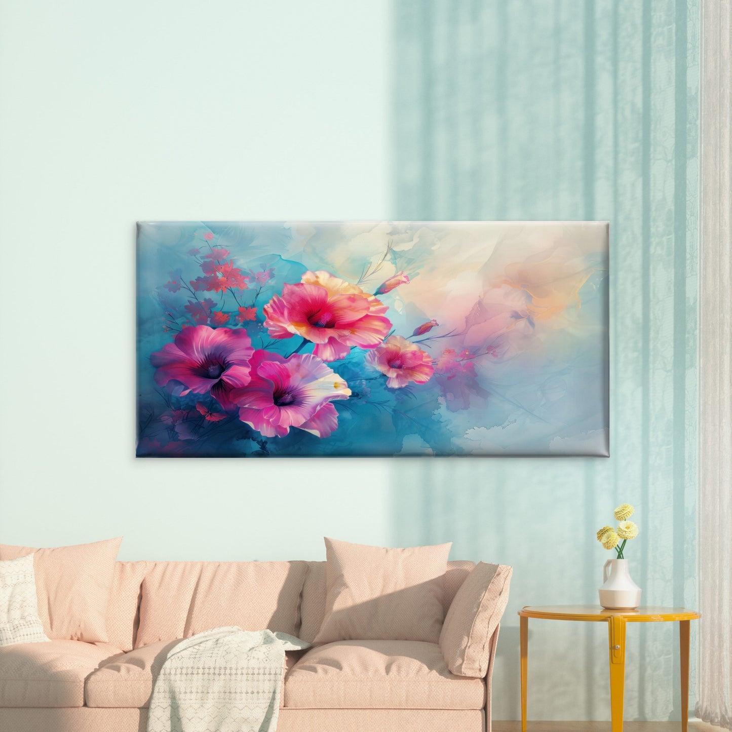 Pink Petals On Blue Wall Art Canvas Office Home Room Framed 120x60cm