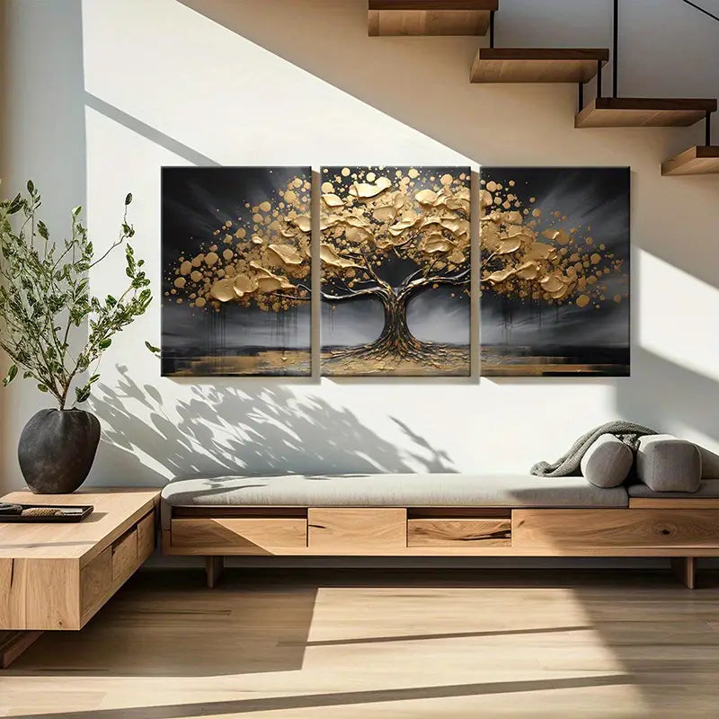 3pcs Large Golden Leaf Tree Metal Print Ready to Hang Art