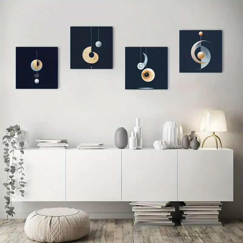 4pcs Golden & Blue Abstract Canvas Wall Art Canvas Framed