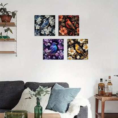 4pcs Birds Wall Art Abstract Flower Branch Wall Art Canvas Framed
