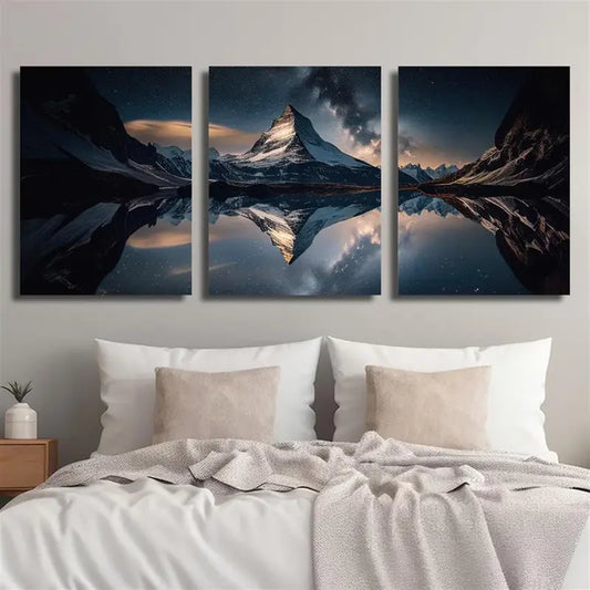 3pcs Swiss Lake Night View With Pine Metal Print Ready to Hang Art