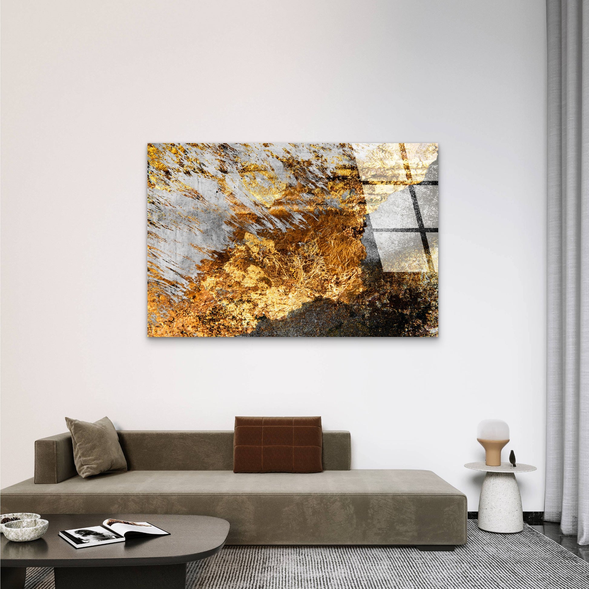 Abstract Gold Foil Metallic Grey Ochre Acrylic Glass Printing Wall Art Australian Made Quality